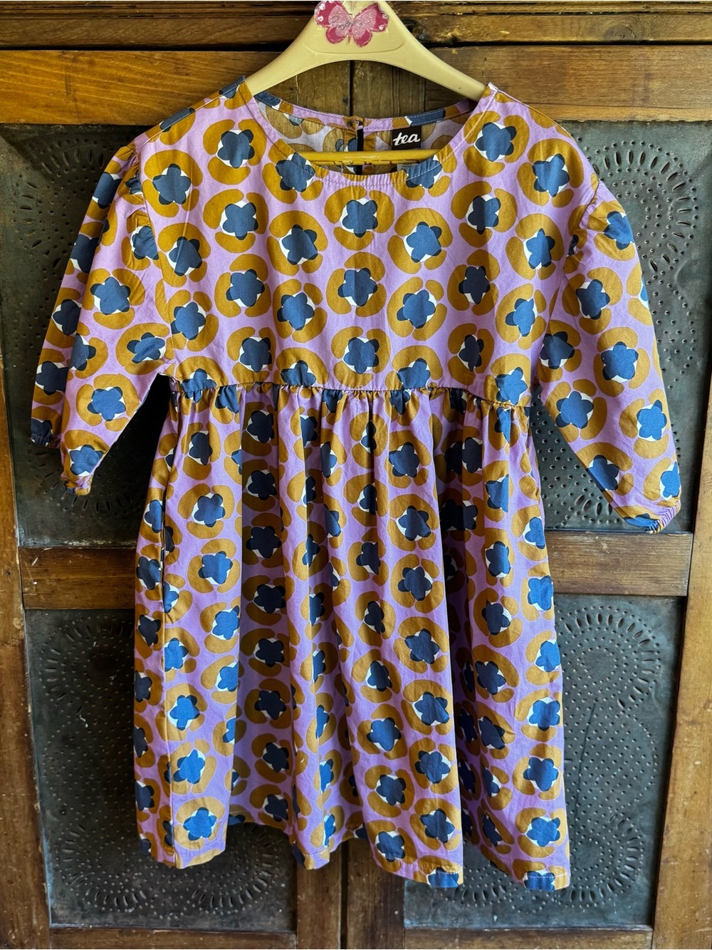 Tea Collection Girls' Puff Sleeve Dress in Purple Leopard Floral